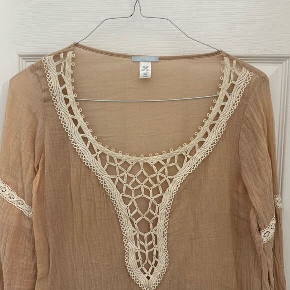 Eberjey Free Spirit Tunic Dress Size Medium Large Peach Crochet Long Sleeve Boho - Picture 2 of 6